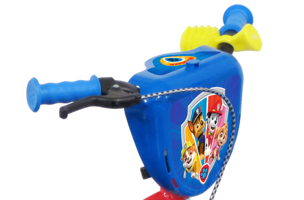 Rower dziecięcy NICKELODEON Psi Patrol 12 cali ukryty kierownicy antypoślizgowy materiał dobrze wyprofilowane kolorowa plakietka na kierownicę z ulubionymi postaciami z Psiego Patrolu trabka