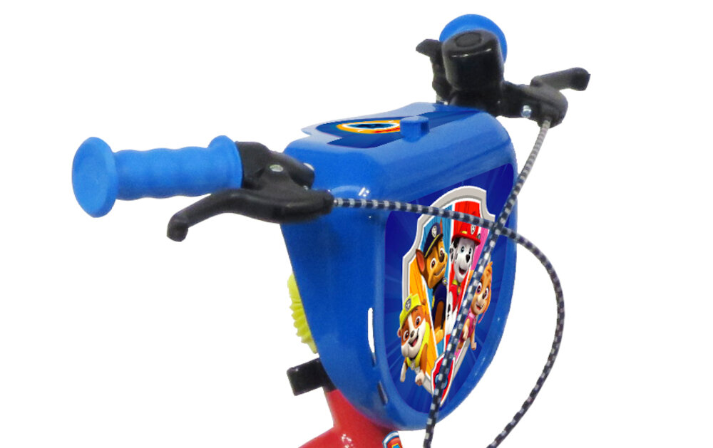 Rower dziecięcy NICKELODEON Psi Patrol 16 cali ukryty kierownicy antypoślizgowy materiał dobrze wyprofilowane kolorowa plakietka na kierownicę z ulubionymi postaciami z Psiego Patrolu dzwonek