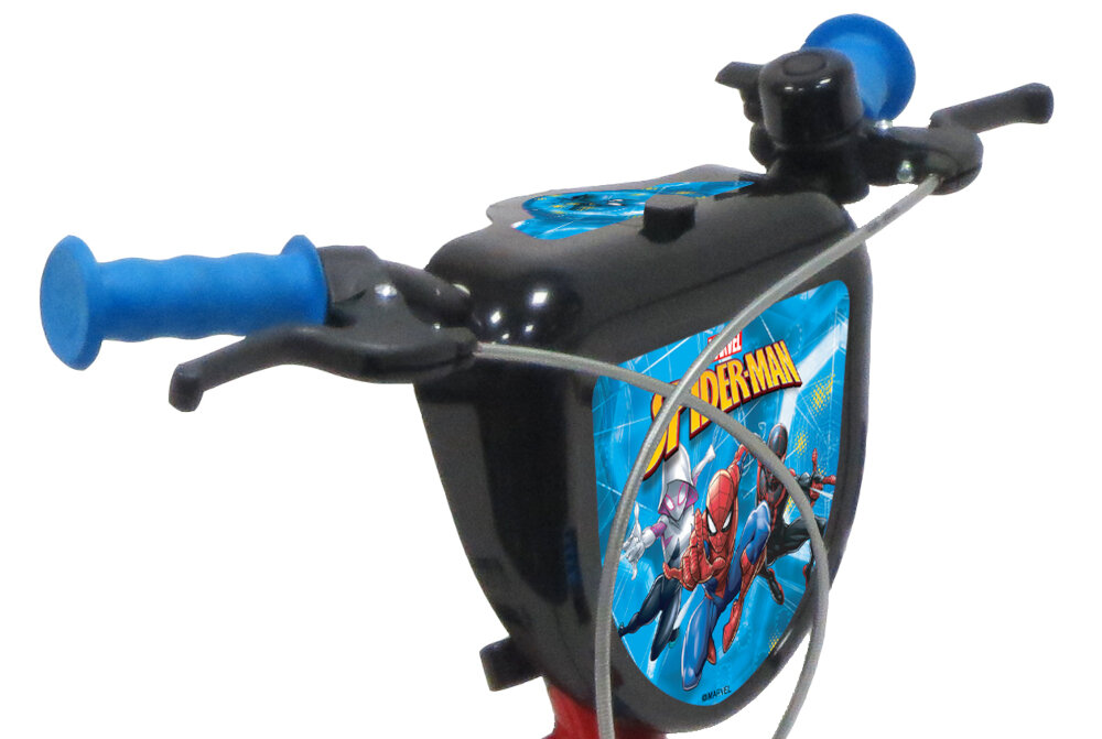 Rower dziecięcy MARVEL Spider-Man 14 cali dla chłopca najwyższy komfort jazdy dziecko nie odczuje dyskomfortu odpowiednia pozycja ciała kierownica niebieskie uchwyt z antypoślizgowego materiału kolorowa plakietka z postacią Spidermana