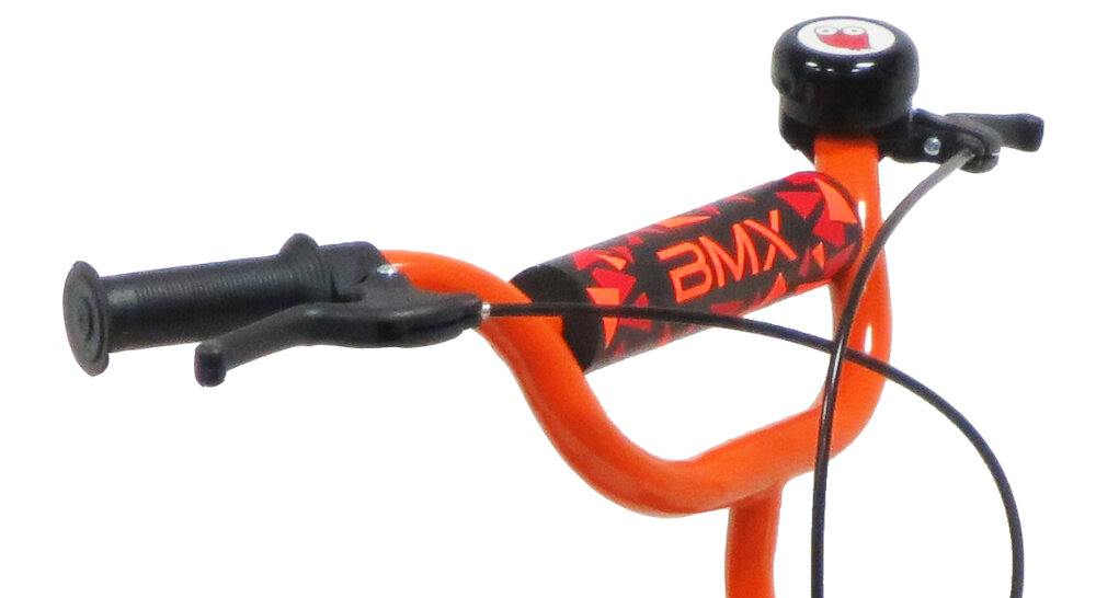 Czarno-pomarańczowa kierownica roweru z napisem \'BMX\' na ramie oraz dzwonkiem z uśmiechniętą buźką.