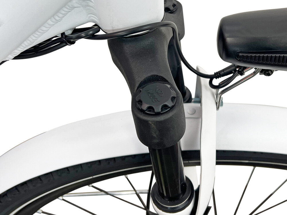 Rower elektryczny TORPADO Venere D18 28 cali damski Biały rower typu hardtail przedni amortyzator MODE typ MD-N7351 28 ulatwia najezdzaniw na przeszkody niweluje wstrzasy na kierownicy komfortowa jazda na nierownych nawierzchniach