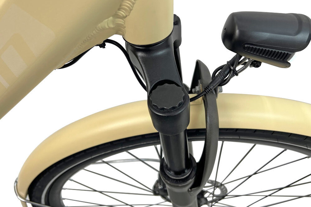 Rower elektryczny TORPADO Venere D18 28 cali damski Kremowy rower typu hardtail przedni amortyzator MODE typ MD-N7351 28 ulatwia najezdzaniw na przeszkody niweluje wstrzasy na kierownicy komfortowa jazda na nierownych nawierzchniach