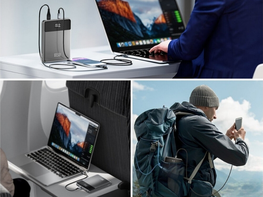 Obraz przedstawia trzy sceny z użyciem powerbanku. Widać go na biurku obok laptopa, w samolocie przy laptopie oraz na plecaku osoby używającej smartfona na zewnątrz.