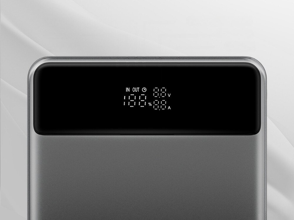 Szary powerbank z wyświetlaczem pokazującym wartości: IN OUT, 00V, 100%, 00A.