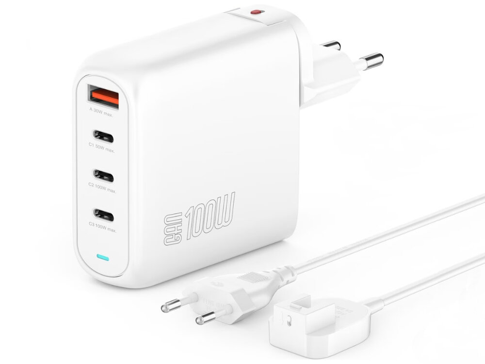 Ładowarka sieciowa 4SMARTS GaN Flex Pro 100 W Trzy porty USB-C jeden USB-A smartfona tabletu laptopa kamery Power Delivery Quick Charge