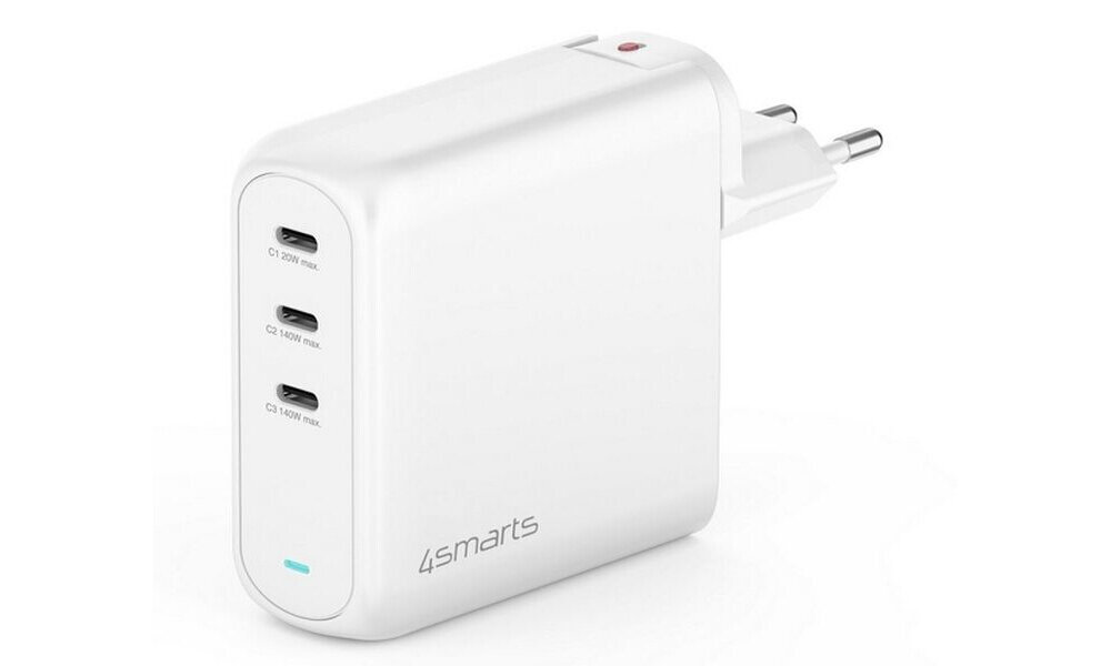 4SMARTS GaN Flex Pro 140 W technologii GaN niskie zużycie prądu i mniejsze ciepło zmniejsza emisję CO₂ - ładoawrka na białym tle od strony portów