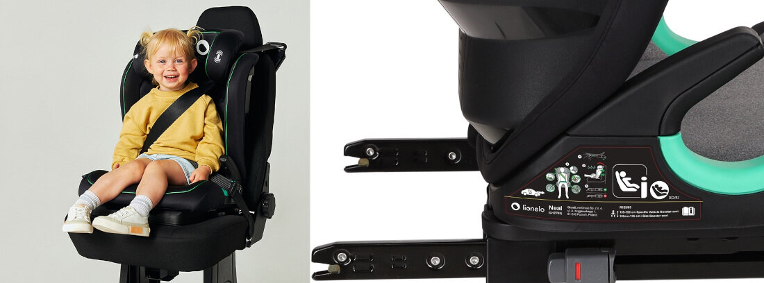 Fotelik samochodowy LIONELO Neal (15-36 kg) Szary Montaż przodem kierunek jazdy 3-punktowe pasy bezpieczeństwa zielone prowadnice montaz system isofix