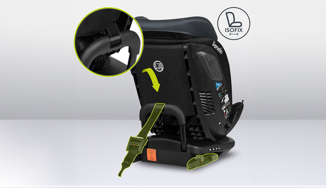 Fotelik samochodowy LIONELO Bastiaan RWF I-Size (0-36 kg) Szary Systemy bezpieczeństwa system ISOFIX pas Top Tether tylem do kierunku jazy pozycja RWF wzrost akres ustawienie