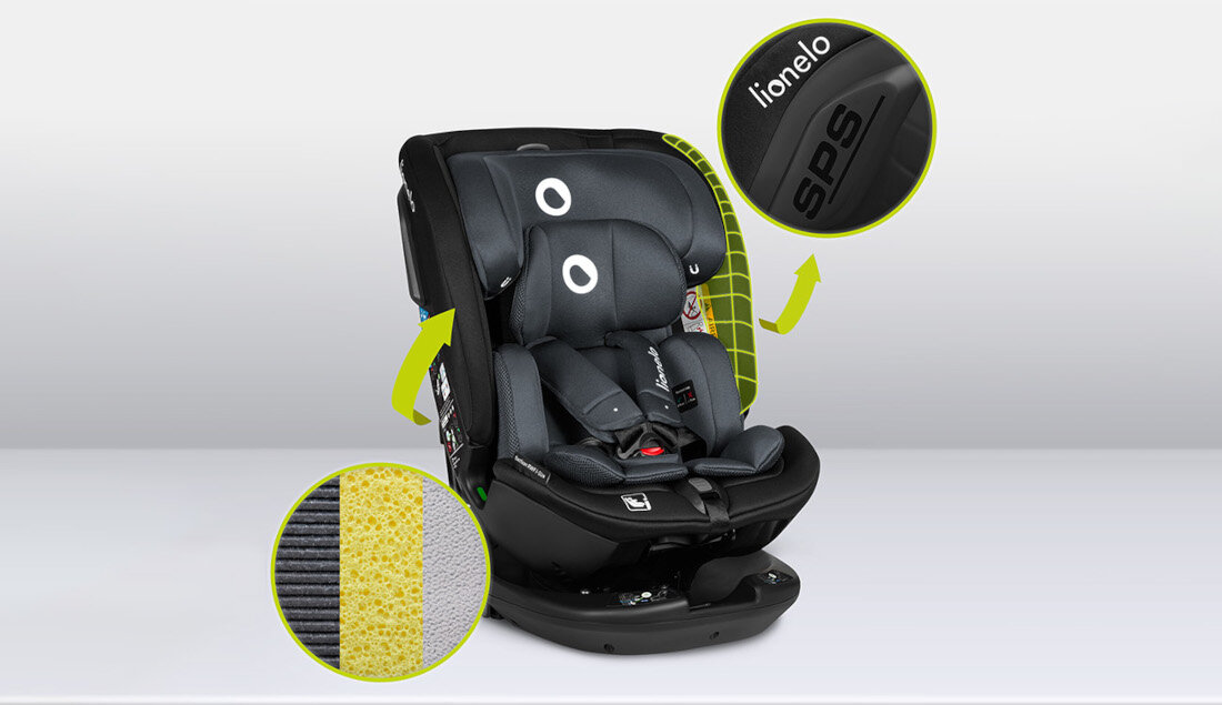 Fotelik samochodowy LIONELO Bastiaan RWF I-Size (0-36 kg) Szary Przemyślana konstrukcja systemy bezpieczeństwa technologia Tri-Guard Memory Foam ochrona