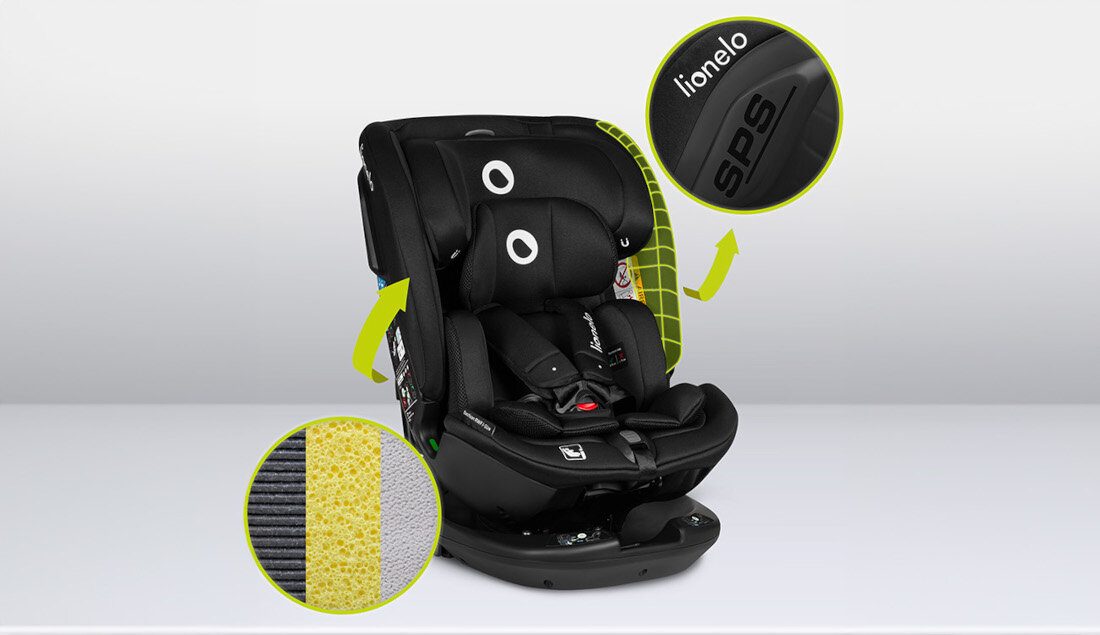 Fotelik samochodowy LIONELO Bastiaan RWF I-Size (0-36 kg) Czarny Przemyślana konstrukcja systemy bezpieczeństwa technologia Tri-Guard Memory Foam ochrona
