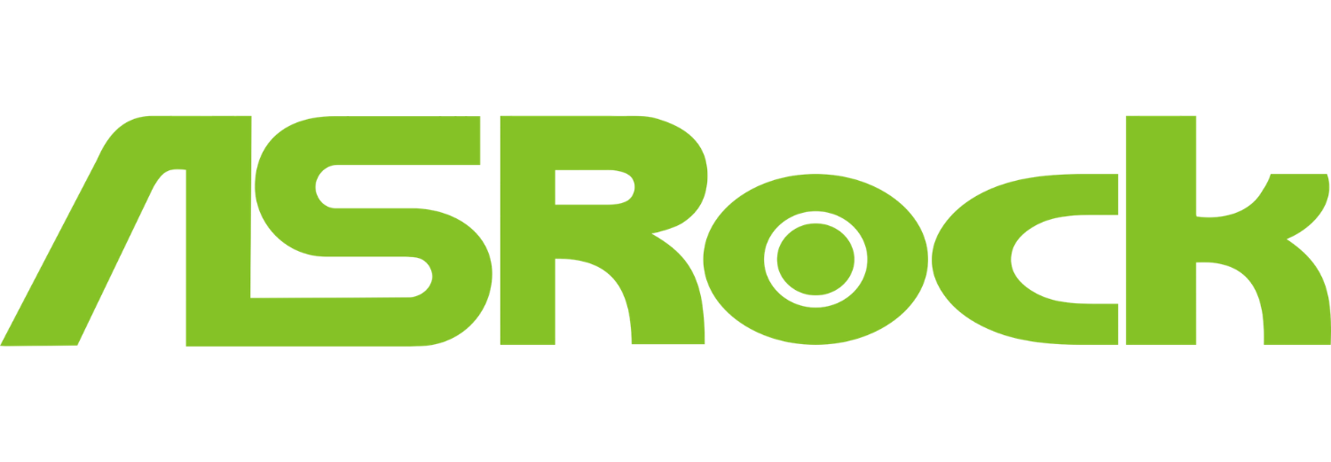 Logo ASRock w kolorze zielonym na białym tle.