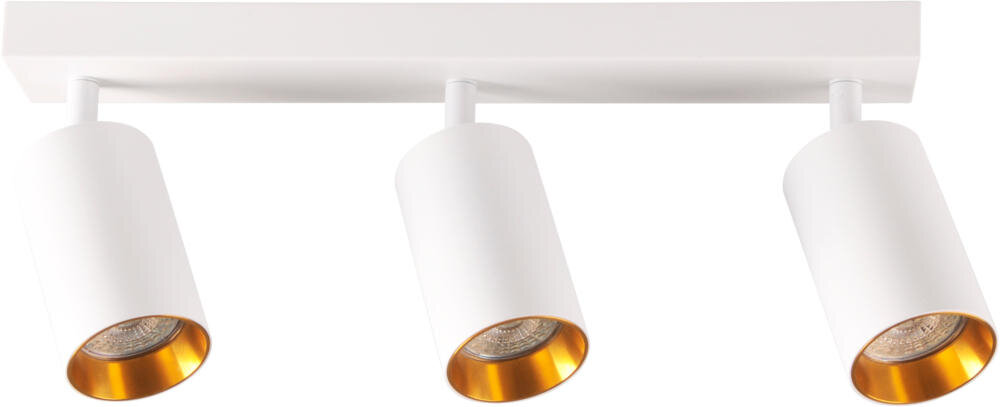 Na obrazie widoczna jest lampa z trzema białymi, cylindrycznymi kloszami z złotym wnętrzem, zamontowana na prostokątnej podstawie.