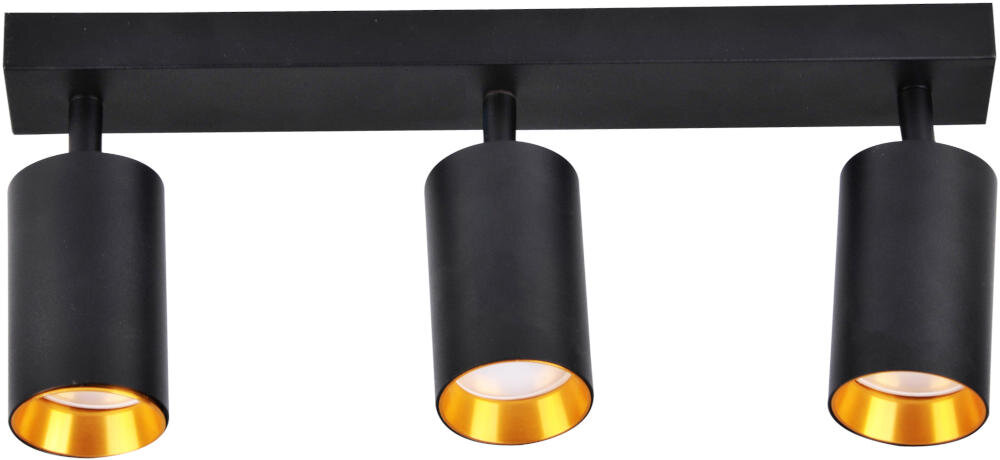 Lampa ścienno-sufitowa z trzema czarno-złotymi kloszami zamontowanymi na prostokątnej podstawie. Klosze mają cylindryczny kształt z czarną zewnętrzną powierzchnią i złotym wnętrzem.