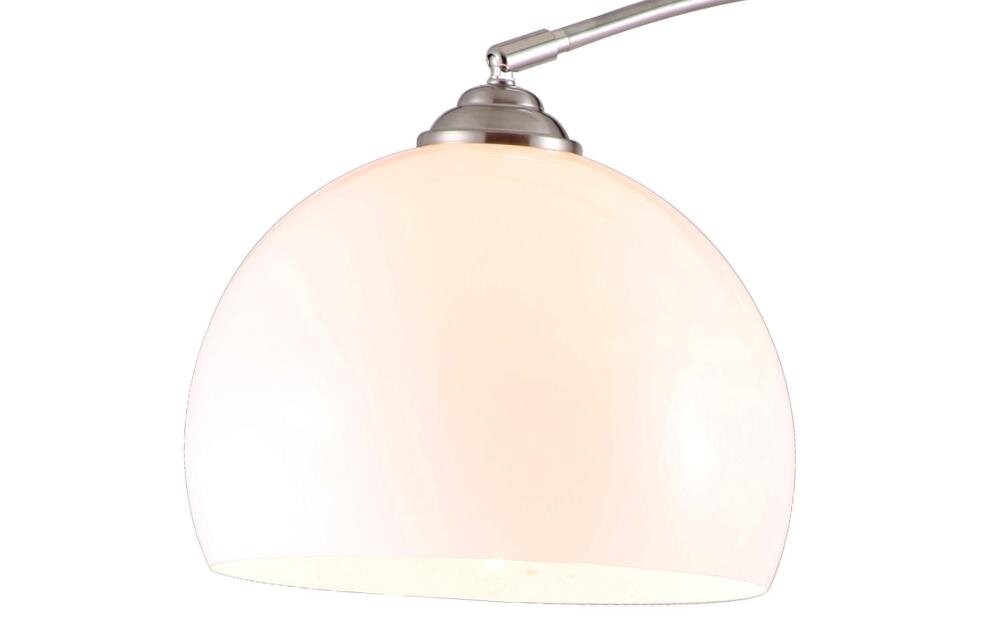 Zdjęcie przedstawia klosz lampy w kształcie półkuli, wykonany z białego materiału, z metalowym elementem mocującym u góry.