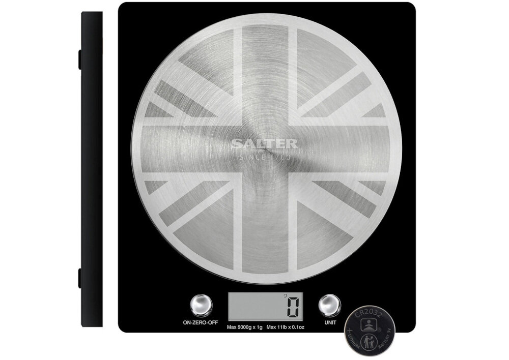 Waga kuchenna SALTER 1036 UJBKDRCEU1 Union Jack wygodne zasilanie baterie mobilność bateria CR2032