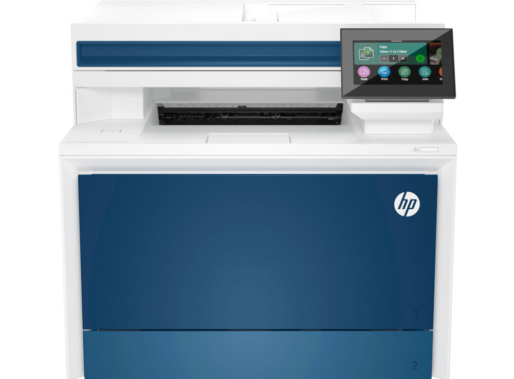 Urządzenie wielofunkcyjne HP Color LaserJet Pro 4302dw Druk w kolorze, Automatyczny druk dwustronny, Wi-Fi, Bluetooth prezentacja urządzenia od przodu na białym tle ekran przekątna porty podajnik taca odbiorcza