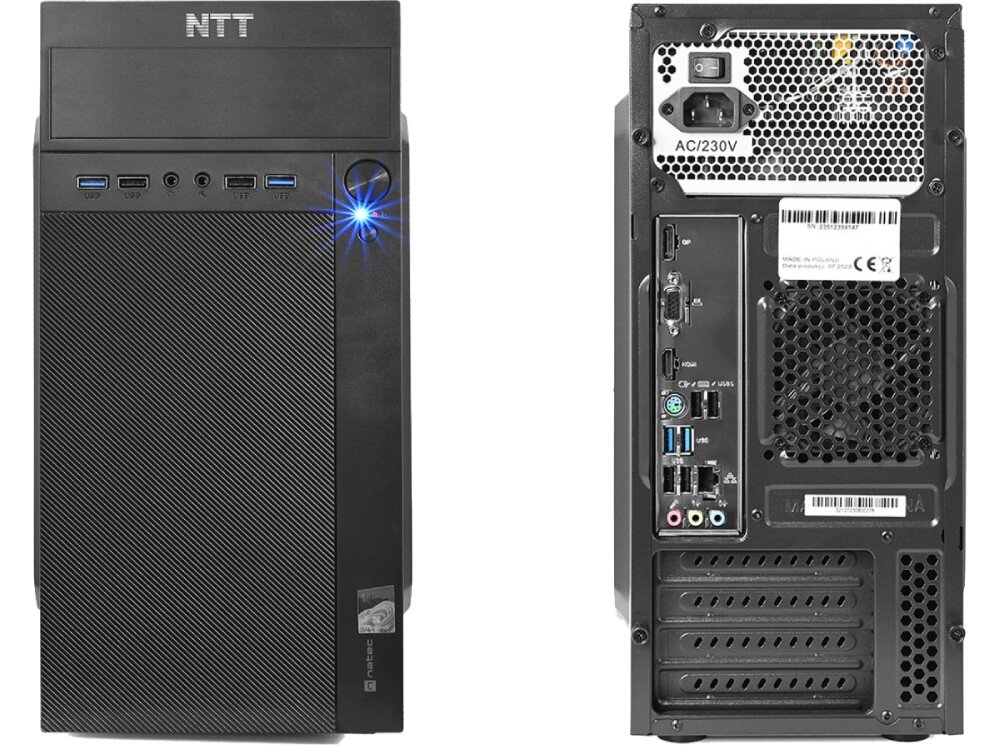 Komputer NTT Desk ZKO-i313H610-L02H Widok przodu i tyłu obudowy komputera stacjonarnego, z zaznaczonymi portami, przyciskiem zasilania i kratką wentylacyjną, porty, złącza, podłączenie