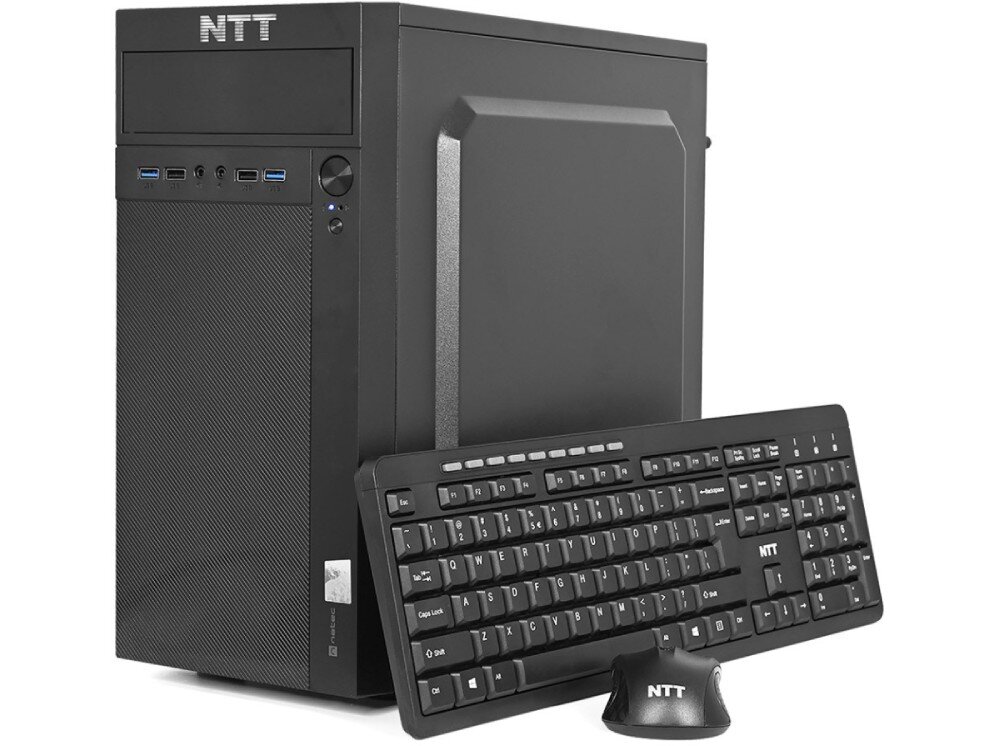 Komputer NTT Desk ZKO-i313H610-L02H Komputer stacjonarny w czarnej obudowie z dołączoną klawiaturą i myszą ustawionymi na jego tle, łączność, karta Wi-Fi, Ethernet