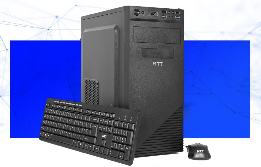Komputer NTT proDesk ZKO-i512H610-L04H Czarna obudowa komputera typu mini tower z logo 'NTT' na froncie, obok znajdują się czarna klawiatura i mysz przewodowa, opis