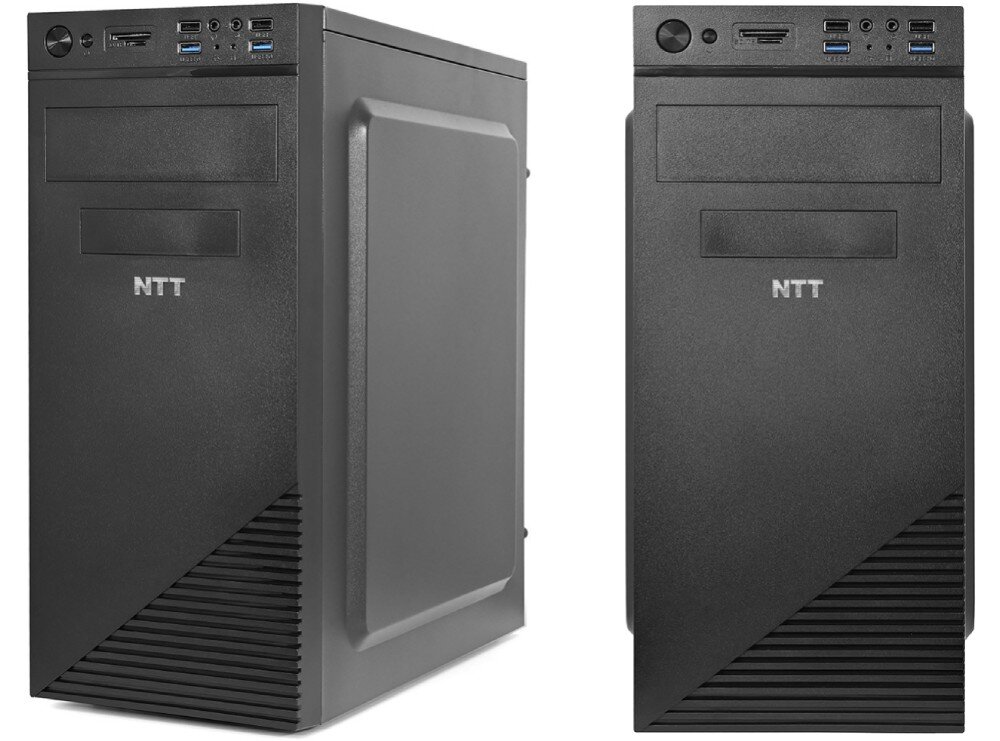 Komputer NTT proDesk ZKO-i512H610-L04H Dwa ujęcia czarnej obudowy komputera mini tower z przodu i z boku, widoczne porty i przyciski na panelu górnym, pamięć RAM, taktowanie, dysk, pojemność