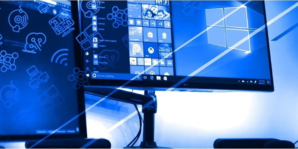 Komputer NTT proDesk ZKO-i512H610-L04H Dwa monitory wyświetlające ekran systemu Windows z ikonami i oknami aplikacji, karta sieciowa, łączność Wi-Fi 5