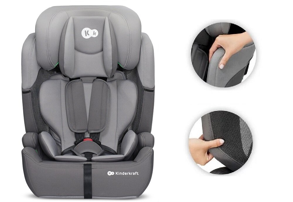 Fotelik samochodowy KINDERKRAFT Comfort Up I-Size 9-36 kg Szary siateczka optymalne wentylowanie dziecka