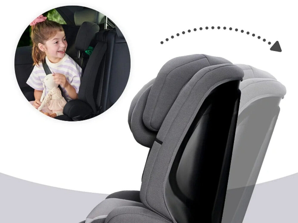 Fotelik samochodowy KINDERKRAFT Safety Fix 2 i-Size 9-36 kg Szary regulacja kata nachylenia do kanapy samochodowej odpowiednia pozycja ciala zintegrowany z baza EASY GROW SYSTEM jednoczesna regulacj pasow bezpieczenstwa i zaglowka za pomoca jednej reki