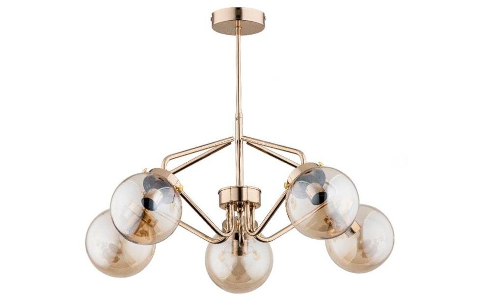 Lampa sufitowa z pięcioma kulistymi kloszami w złotym kolorze, zamontowana na metalowej konstrukcji.