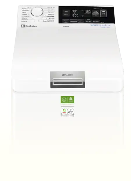 Pralka ładowana od góry z panelem sterowania zawierającym pokrętło i wyświetlacz cyfrowy. Widoczne logo Electrolux oraz napisy \'SOFTACCESS\' i \'PERFECTCARE 800 1-7 kg\'.