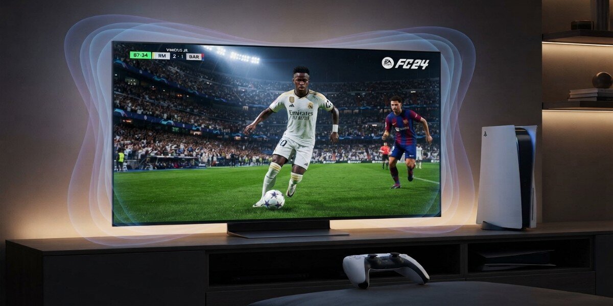 Konsola PS5 na drewnianym stole obok telewizora wyświetlającego grę FC24, na kanapie widoczny jest czarno-biały kontroler DualSense.