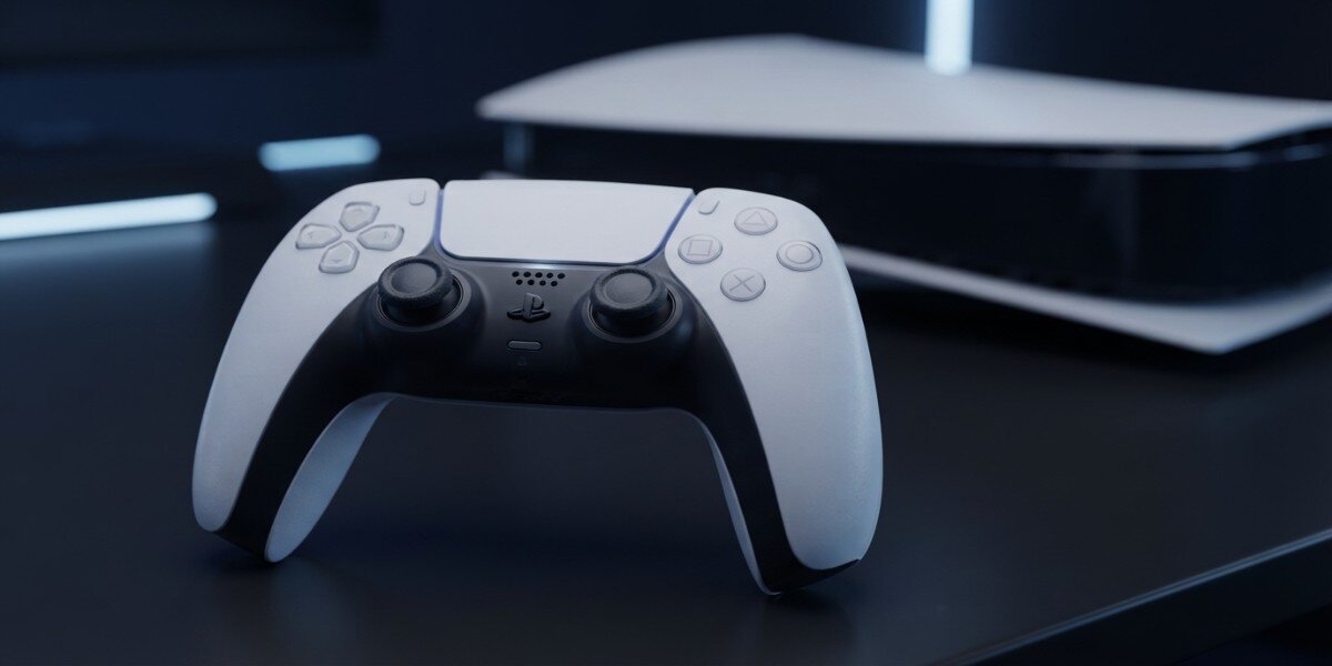 Przybliżenie na czarno-biały kontroler SONY DualSense, w tle widoczne jest PS5 leżące na swoim boku.