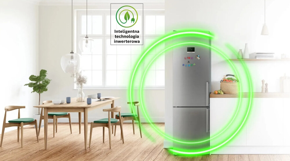 LODÓWKA BOSCH KIV86NSE0 Lodówka Bosch z grafiką symbolizującą inteligentną technologię inwerterową. Zielone okręgi podkreślają energooszczędną i wydajną pracę urządzenia technologia inwerterowa oszczędność energii cicha praca stabilna temperatura trwałość