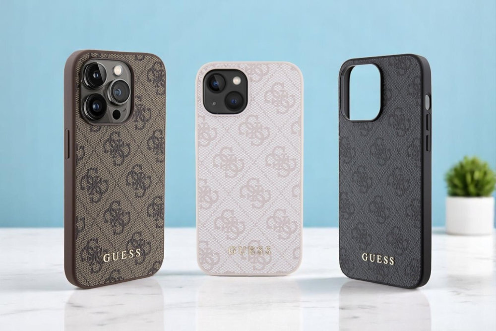 GUESS 4G Metal Gold Logo etui w trzech wersjach kolorystycznych, brazowy, czarny, rozowy, w tle kwiatek