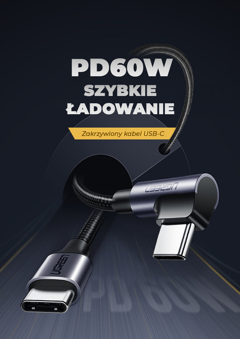 Na obrazie widoczny jest zakrzywiony kabel USB-C z logo \'Ugreen\'. Tekst na obrazie: \'PD60W Szybkie Ładowanie, Zakrzywiony kabel USB-C\'.