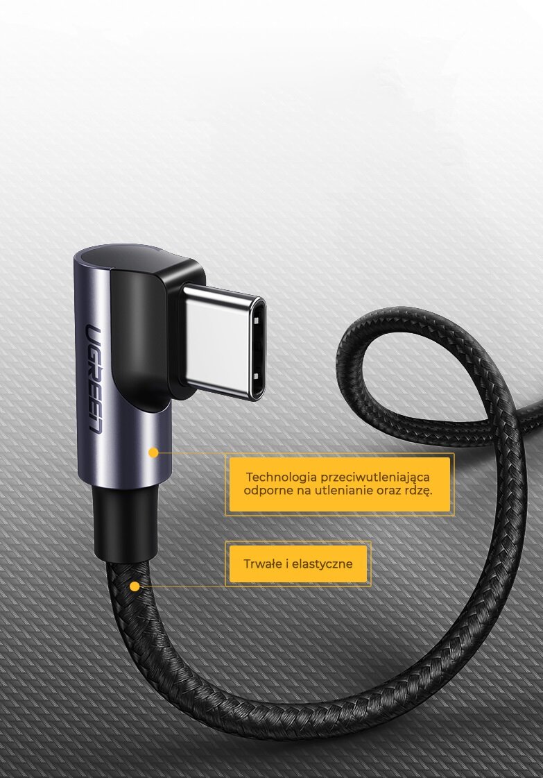 Kabel USB-C do USB-C z kątową wtyczką, oznaczony logo UGREEN, z plecionym przewodem. Tekst na obrazie: \'Technologia przeciwutleniająca odporne na utlenianie oraz rdzę.\' oraz \'Trwałe i elastyczne\'.