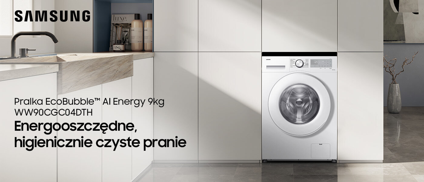 W kuchni znajduje się pralka w zabudowie z widocznym logo SAMSUNG. Tekst na obrazie: \'Pralka EcoBubble™ AI Energy 9kg WW90CGC04DTH Energooszczędne, higienicznie czyste pranie\'.