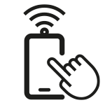 Czarna ikona przedstawiająca smartfon z falami sygnału nad nim i dłonią wskazującą na ekran.