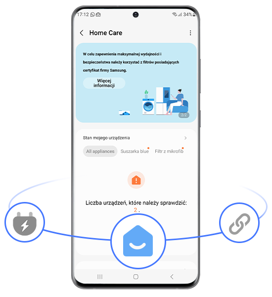 Ekran smartfona z aplikacją \'Home Care\' pokazuje komunikat: \'W celu zapewnienia maksymalnej wydajności i bezpieczeństwa należy korzystać z filtrów posiadających certyfikat firmy Samsung.\' oraz informację o liczbie urządzeń do sprawdzenia: 2.