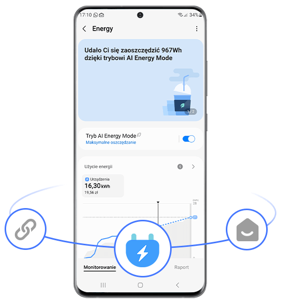 SmartThings Energy pralki EcoBubble AI Energy Ekran smartfona z aplikacją pokazującą oszczędność energii w trybie AI Energy Mode, z informacją o zaoszczędzeniu 967Wh. Widoczny jest wykres zużycia energii oraz ikony związane z monitorowaniem i oszczędzaniem energii.
