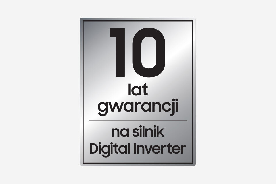 Kwadratowy znak z napisem \'10 lat gwarancji na silnik Digital Inverter\' na srebrnym tle.