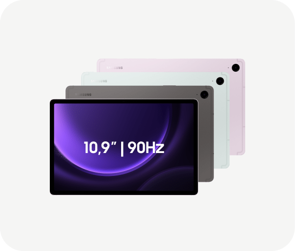 tab s9 fe Pięć tabletów Samsung Galaxy S9 FE ułożonych w rzędzie jeden za drugim na szarym tle. Na ekranie pierwszego tabletu wyświetlona abstrakcyjna fioletowa grafika z napisem 10,9” oznaczającym przekątną ekranu urządzenia. Pozostałe cztery tablety w różnych kolorach pokazane są tyłem, w kolejności: szary, miętowy, lawendowy.