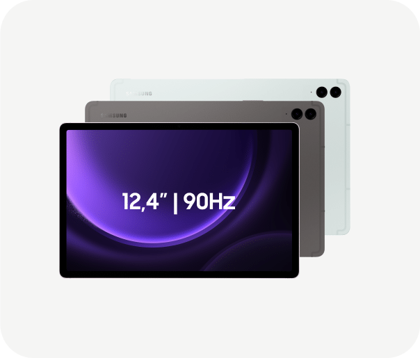 frame-170-3 Pięć tabletów Samsung Galaxy S9 FE+ ułożonych w rzędzie jeden za drugim na szarym tle. Na ekranie pierwszego tabletu wyświetlona abstrakcyjna fioletowa grafika z napisem 12,4” oznaczającym przekątną ekranu urządzenia. Pozostałe cztery tablety w różnych kolorach pokazane są tyłem, w kolejności: szary, miętowy.