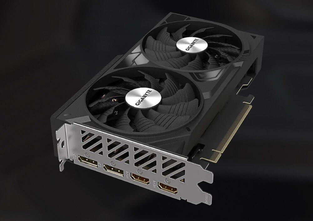 Karta graficzna GIGABYTE GeForce RTX 4060 Ti WindForce OC 8GB Zbliżenie na kartę graficzną z widocznymi dwoma wentylatorami i zestawem złączy wideo, architektura, rdzenie CUDA, rozdzielczość, taktowanie