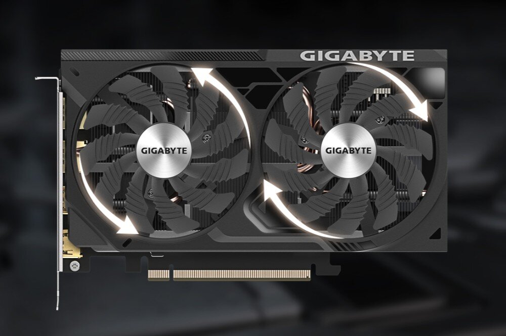 Karta graficzna GIGABYTE GeForce RTX 4060 Ti WindForce OC 8GB Widok karty graficznej z góry, na której zaznaczono kierunek obrotu dwóch wentylatorów, chłodzenie, wentylatory, radiator