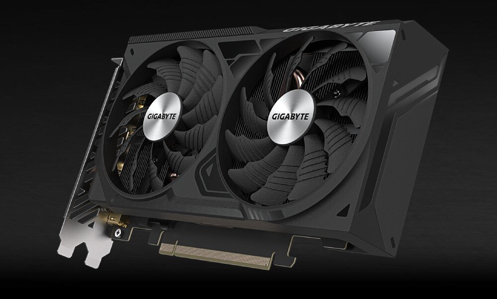 Karta graficzna GIGABYTE GeForce RTX 4060 Ti WindForce OC 8GB Ujęcie karty graficznej z boku z widocznymi dwoma wentylatorami i częścią złącza PCIe, regulacja obrotów