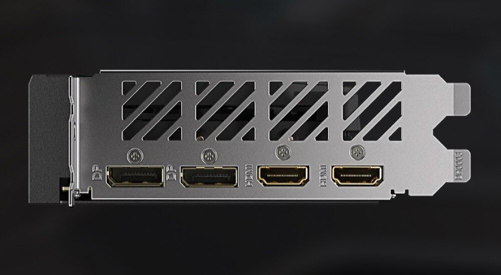 Karta graficzna GIGABYTE GeForce RTX 4060 Ti WindForce OC 8GB Panel zewnętrzny karty graficznej z dwoma portami DisplayPort i dwoma portami HDMI, wyjścia, porty, monitory, podłączenie