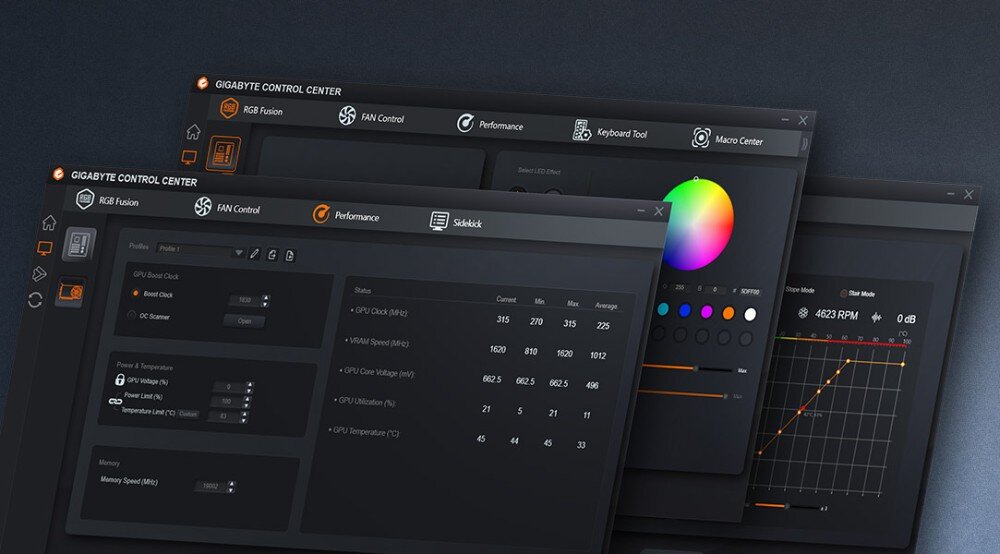 Karta graficzna GIGABYTE GeForce RTX 4060 Ti WindForce OC 8GB Interfejs oprogramowania do zarządzania kartą graficzną z widocznymi zakładkami do regulacji ustawień i monitorowania parametrów, aplikacja, kontrola, narzędzia