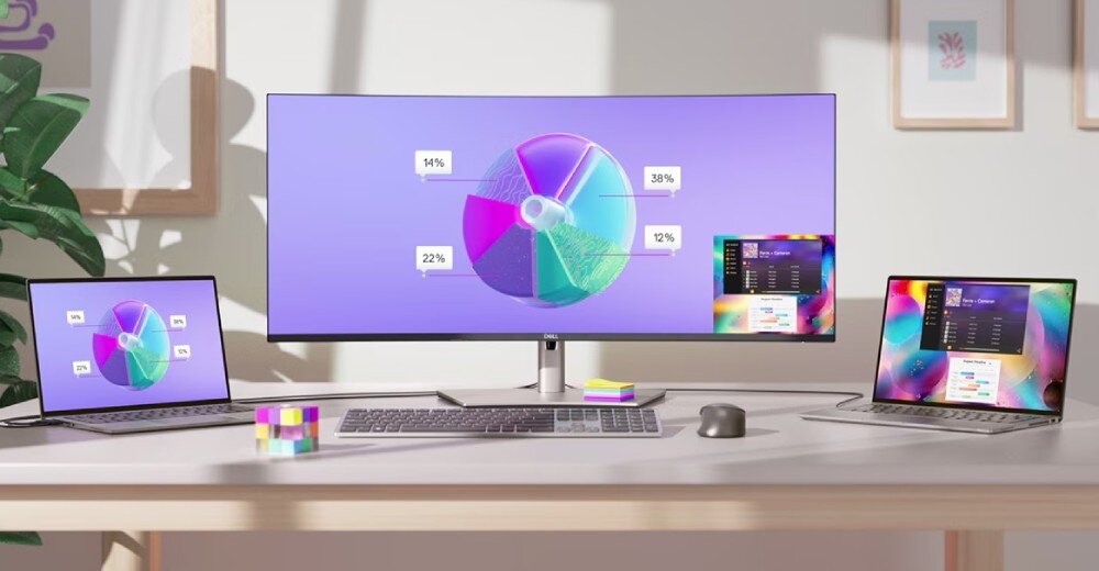 Monitor DELL UltraSharp U3824DW Biurko z dwoma laptopami i szerokim, zakrzywionym monitorem pośrodku. Na ekranach wyświetlany jest kolorowy wykres kołowy oraz interfejs programu, opis