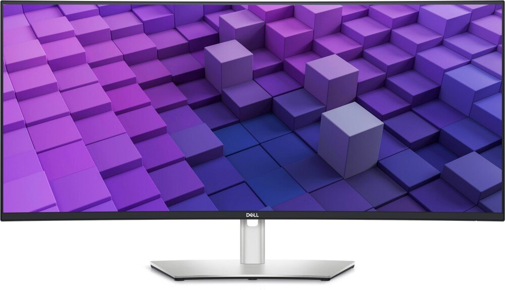 Monitor DELL UltraSharp U3824DW Duży, zakrzywiony monitor z cienkimi ramkami na srebrnej podstawie. Na ekranie widoczna jest grafika przedstawiająca fioletowe i niebieskie sześciany, kolory, odwzorowanie barw, technologia ComfortView Plus