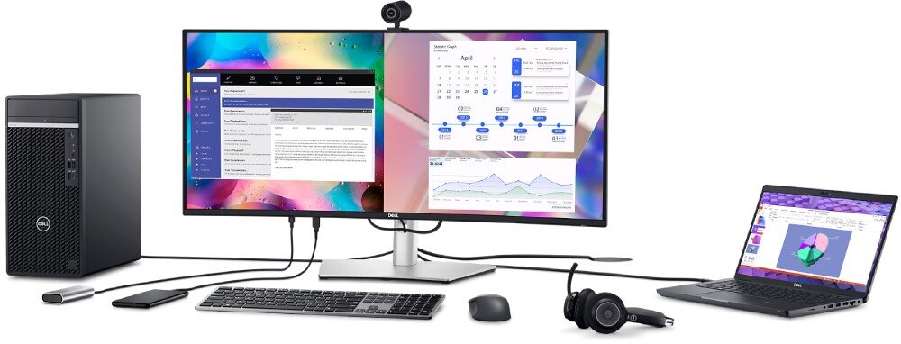 Monitor DELL UltraSharp U3824DW Stanowisko pracy z komputerem stacjonarnym, laptopem oraz monitorem. Ekran jest podzielony na dwie części - jeden z interfejsem aplikacji do zarządzania projektami, drugi z aplikacją do analiz danych, funkcja Auto KVM